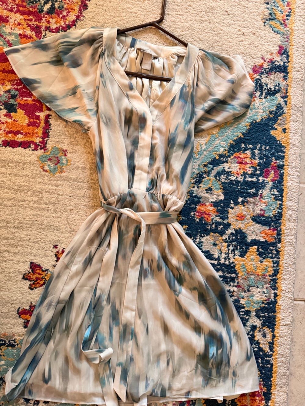 H&M Cream and Blue Watercolor Mini Dress